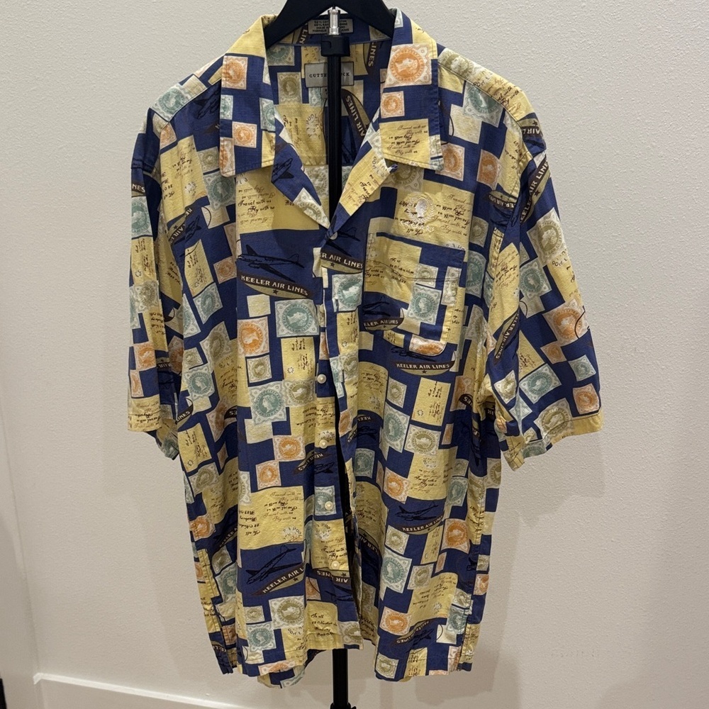 Cutter & Buck Yellow and Navy Travel Print Button-Down Shirt